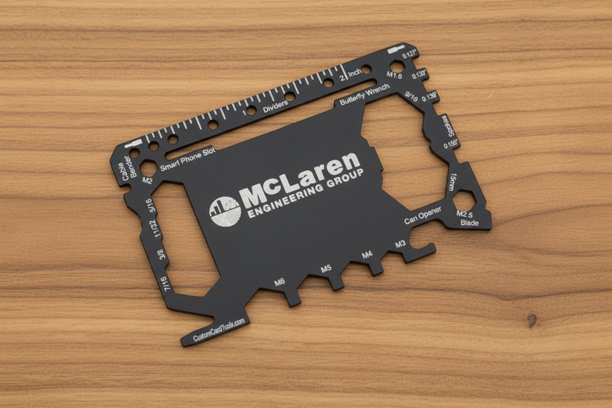 Multitool card with McLaren Engineering Group branding on a wood background
