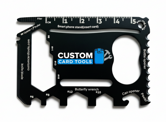 Multi-tool card with various functions on a white background