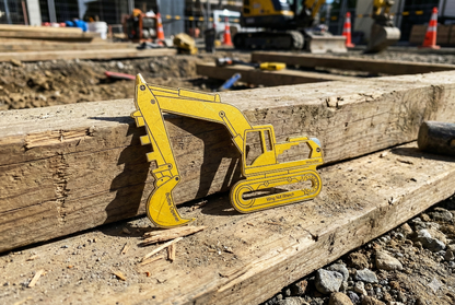 Yellow excavator multi tool on a wooden plank with construction site in the background