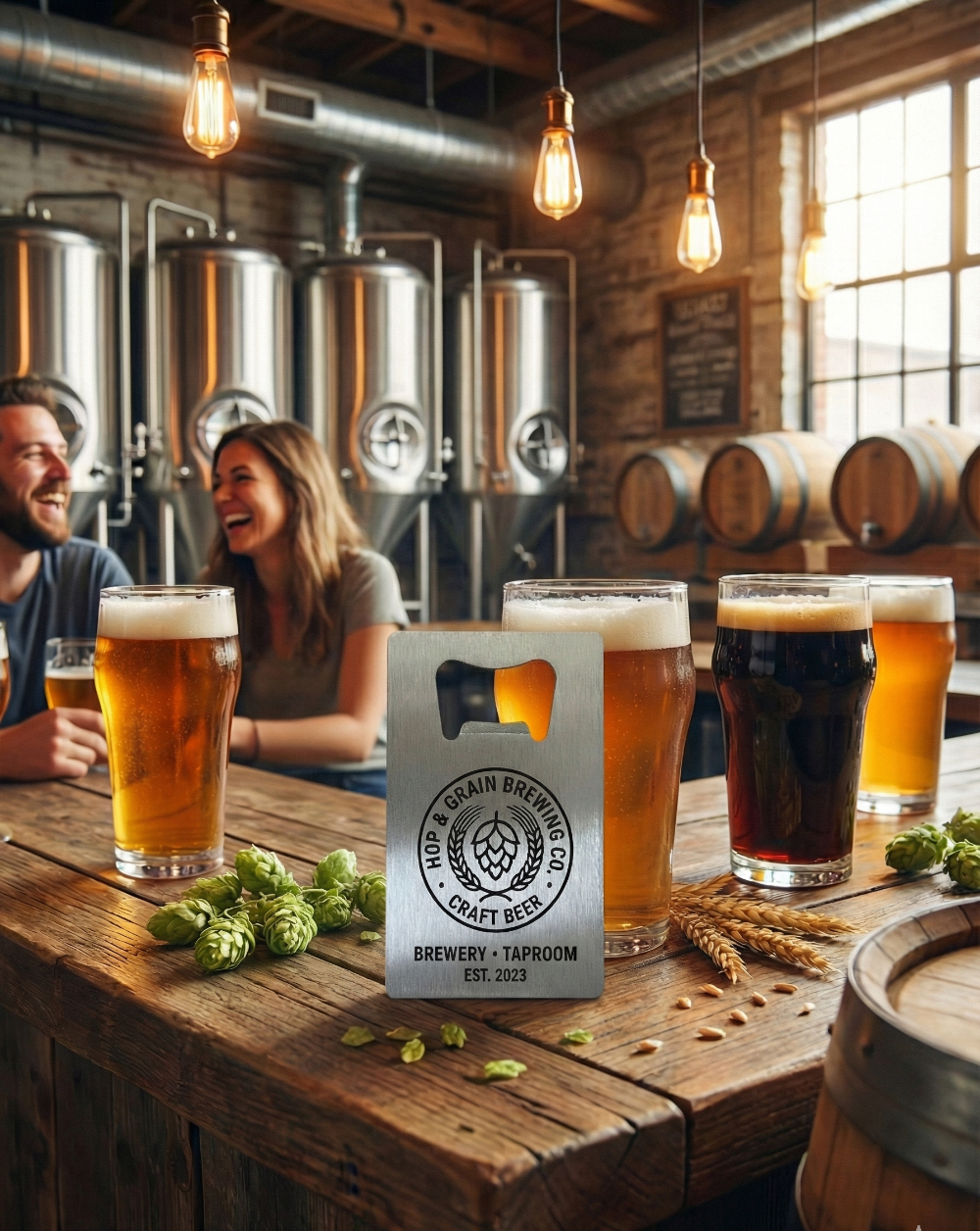 People enjoying beer at a brewery with a 'Grain Brewing' bottle opener.