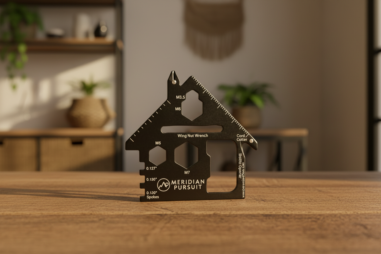 Black house-shaped tool on a wood surface with a blurred background