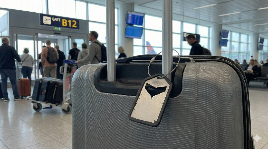 Gray suitcase with a tag in an airport setting