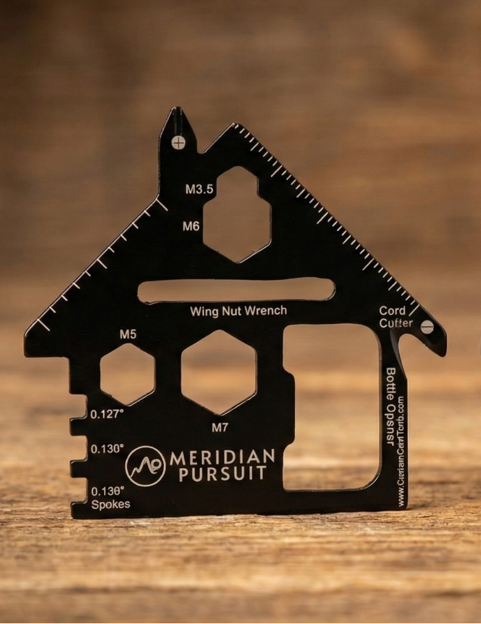 Two black house-shaped tools on a wooden surface with 'Meridian Pursuit' branding.