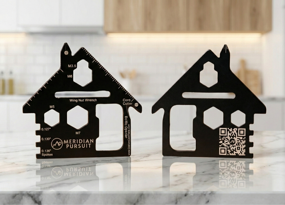 Two promotional custom branded house-shaped multitools on a marble surface with a kitchen background