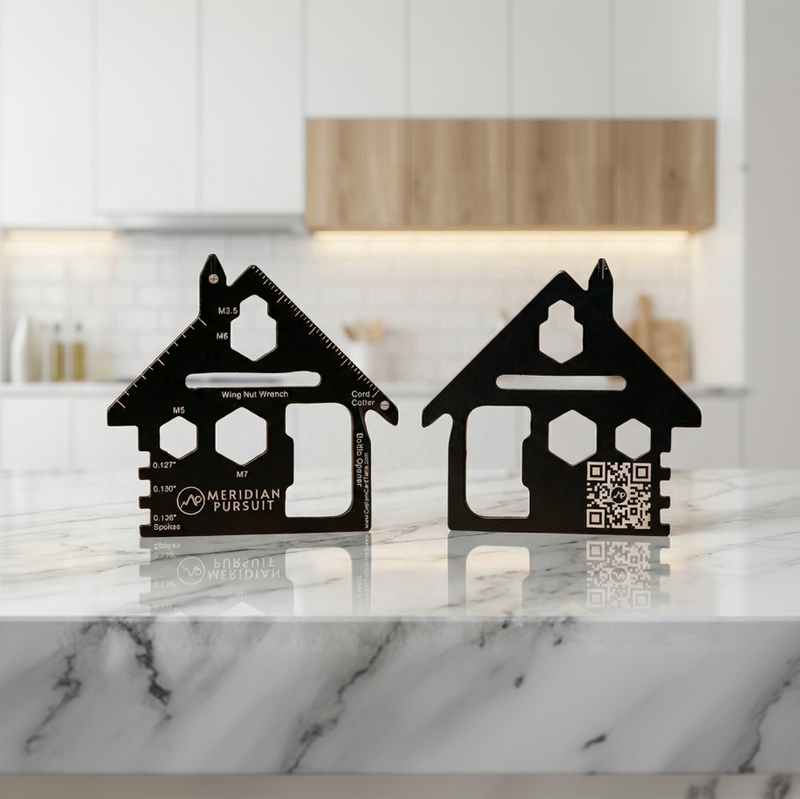 2 house shaped custom branded multi tools on a kitchen counter