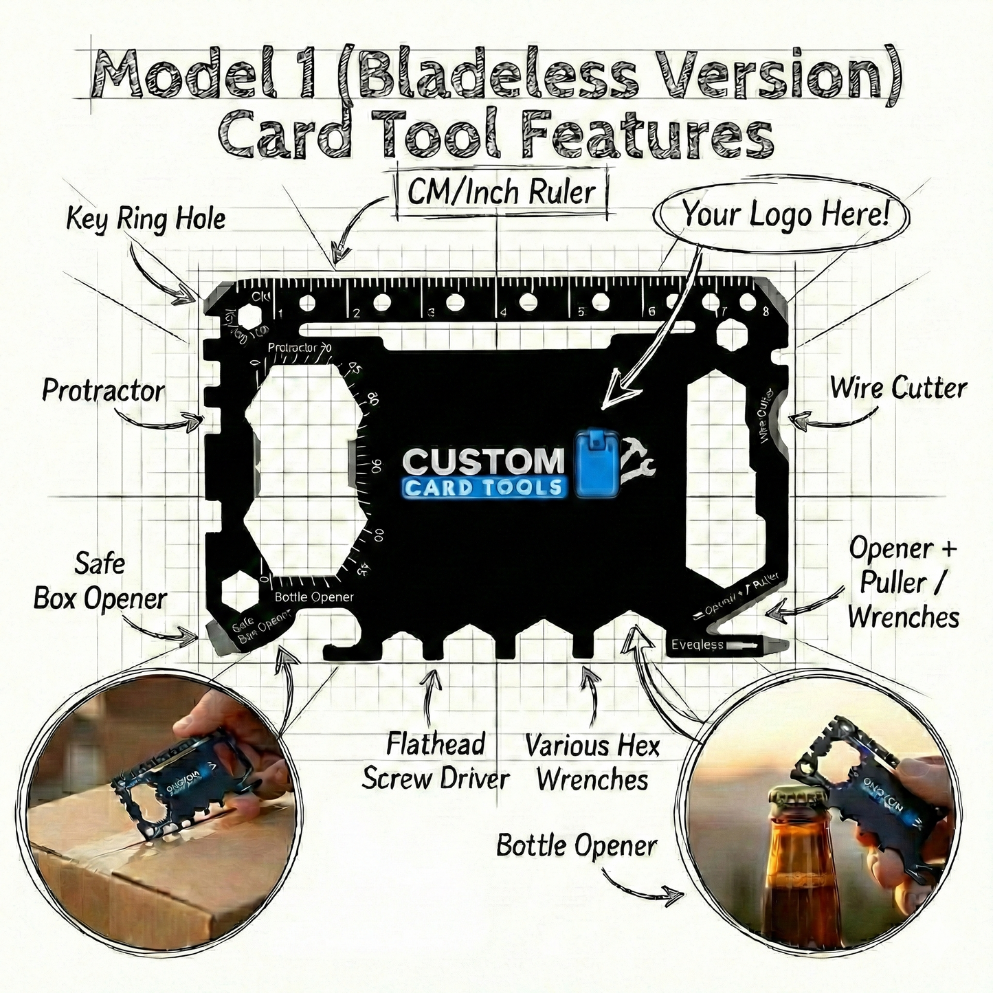 Custom Branded Multi Tool Card - Model 1 (Bladeless "Safe" Version)