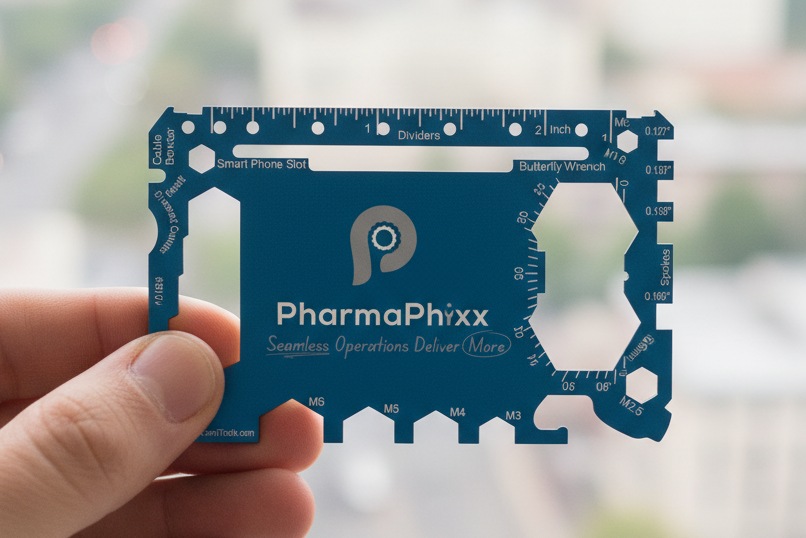 Blue multi-tool card held by a hand with a blurred cityscape background