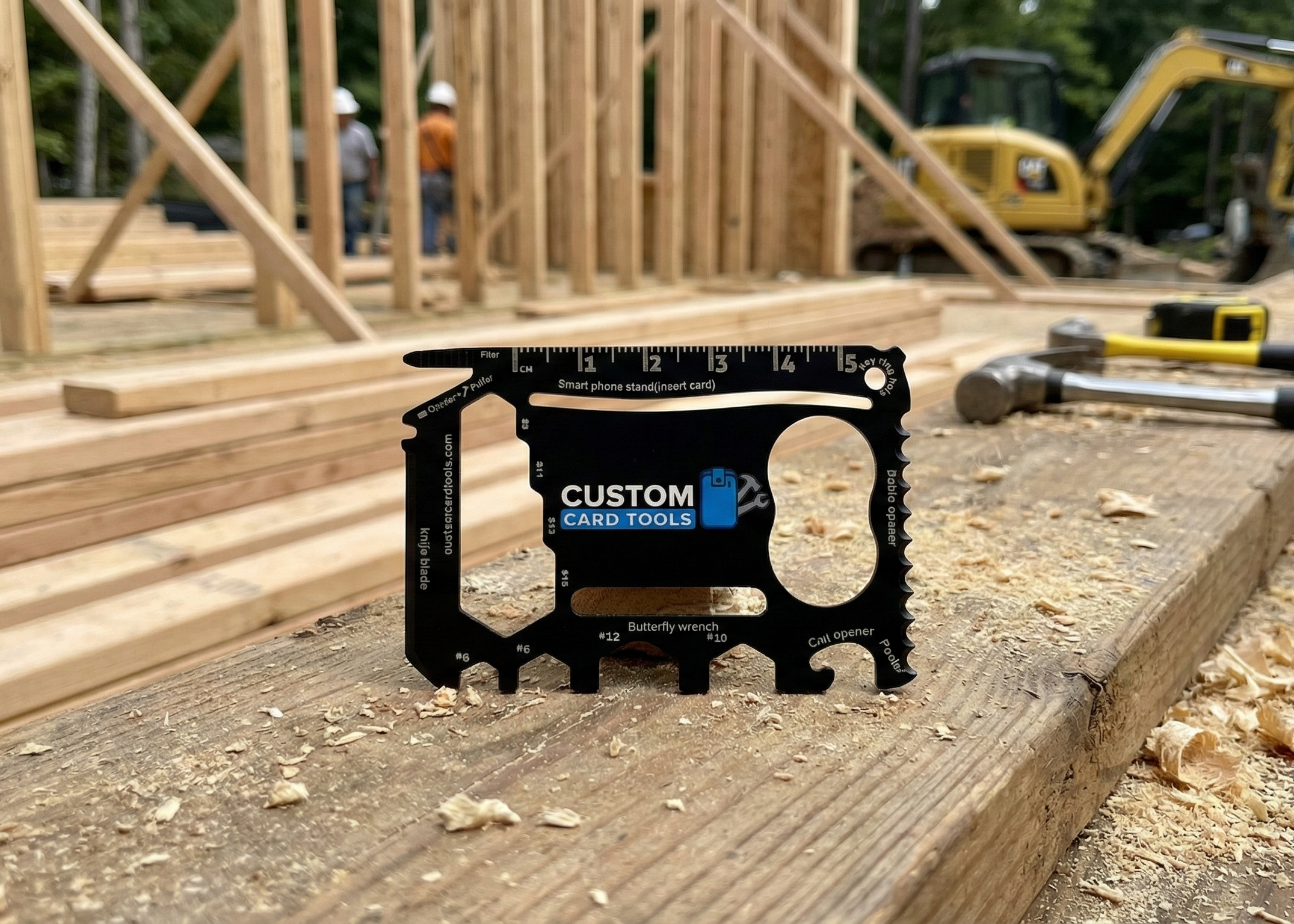 Multitool on a construction site with wooden planks and tools in the background