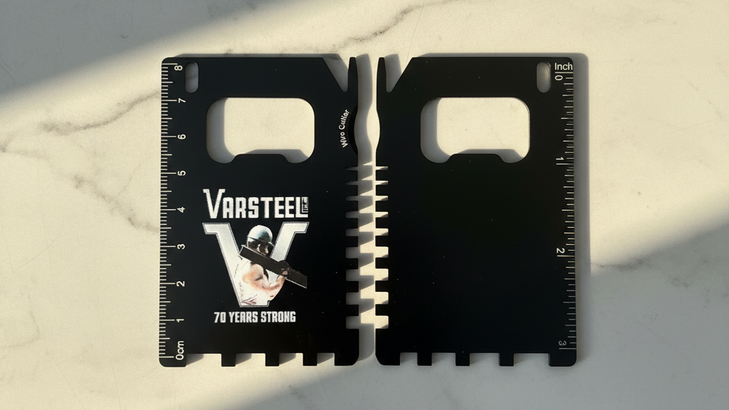 Multitool card with bottle opener and ruler on a marble surface