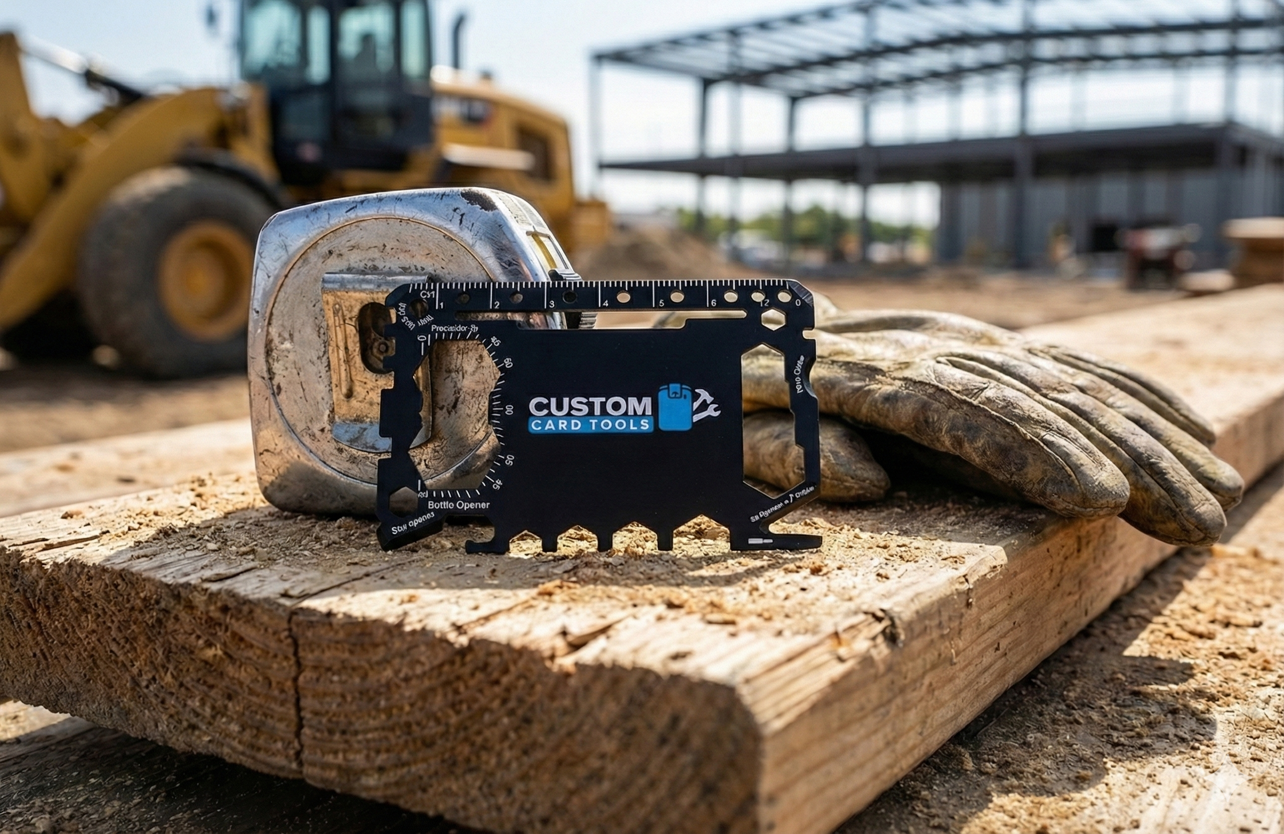 Custom card tools on a wooden plank with construction equipment in the background