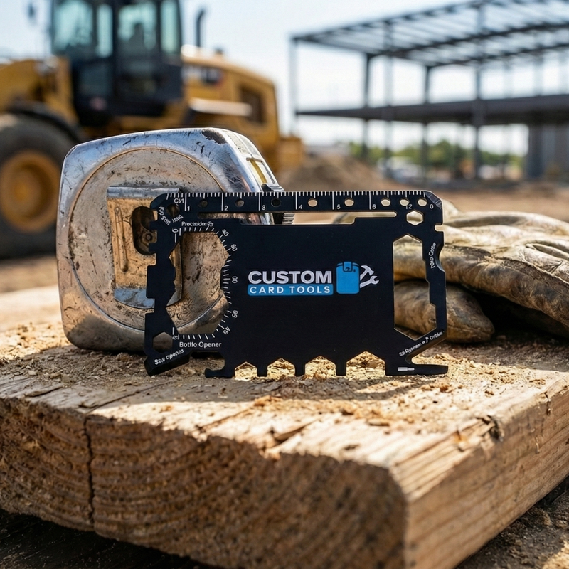 Custom card tools card on a wooden surface with construction equipment in the background. custom branded for promotional swag