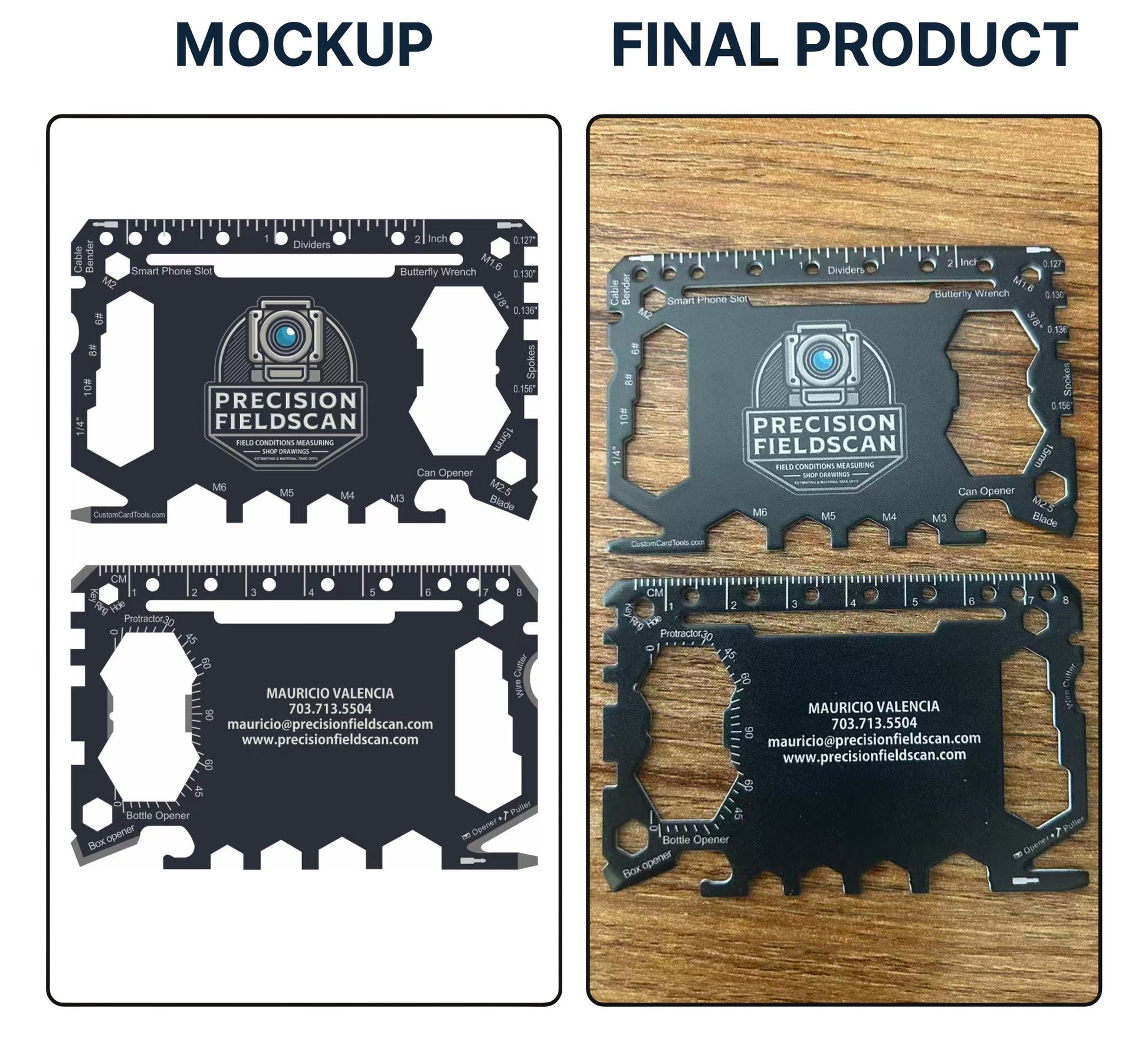 Custom branded business card multi-tool mockup vs final product comparison - stainless steel promotional wallet tool with laser-etched company logo for corporate giveaways