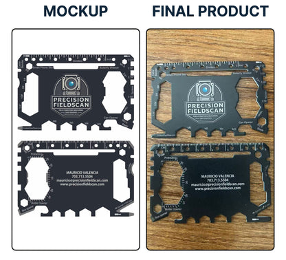 Custom branded business card multi-tool mockup vs final product comparison - stainless steel promotional wallet tool with laser-etched company logo for corporate giveaways