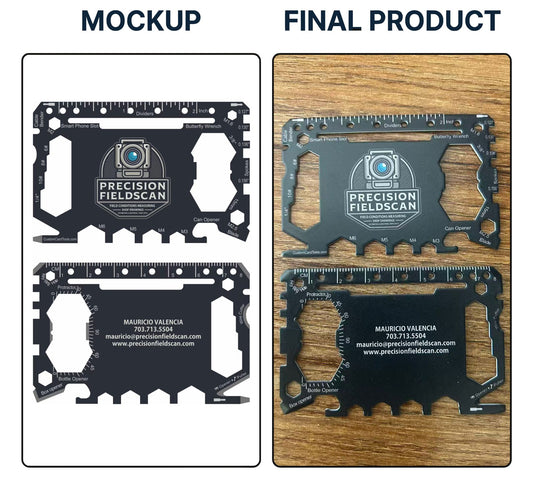 Custom branded business card multi-tool mockup vs final product comparison - stainless steel promotional wallet tool with laser-etched company logo for corporate giveaways