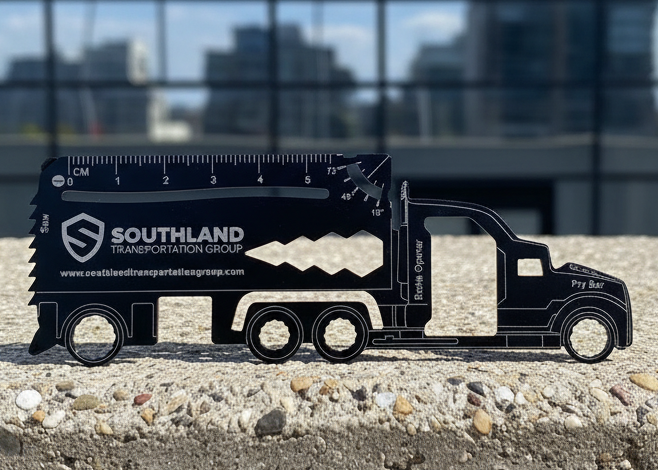 semi truck tool card with 'Southland Transportation' branding on a concrete surface with a reflective glass building in the background.