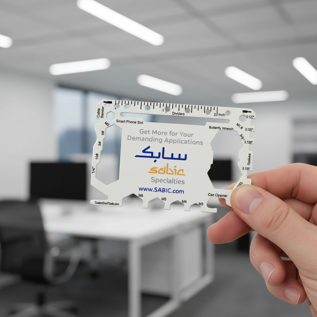 Hand holding a small tool card with SABIC branding in an office setting. promotional card tool custom logo